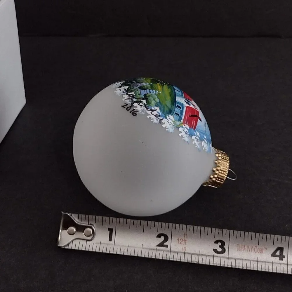 Hand Painted Glass Ornament By Maine Artist Signed Doug 2016 Lighthouse Seagulls